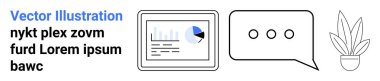 Veri tableti, üç noktalı konuşma balonu, saksı bitkisi. İş, analitik, iletişim, verimlilik, modern çalışma alanı, dijital tasarım düz iniş sayfası afişi için ideal