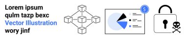 Blockchain diyagramı, pasta grafiği ve para sembollü analitik panel, kafatası ikonlu asma kilit. Teknoloji için ideal, engelleme zinciri, fintech, güvenlik, veri analizi, eğitim için basit iniş sayfası