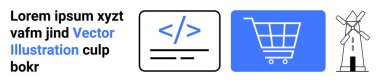 Programlama kodu, alışveriş arabası ve yel değirmeni görselleri teknolojik yenilik, e-ticaret, yenilenebilir enerji iletir. Teknoloji, e-ticaret, sürdürülebilirlik, veri enerjisi ortamı için ideal