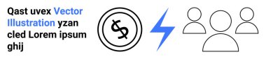 Para işaretli para, mavi yıldırım ve üç ana hatlı insan simgesi. Finans, işbirliği, enerji, takım çalışması, ekonomi, güç dinamikleri için ideal düz çizgi metaforu