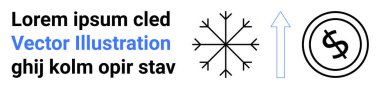 Kar tanesi, yukarı doğru ok, dolar bozuk para, yazı yanında daire şeklinde. Finans, ilerleme, hava durumu, tasarruf, iklim değişikliği, minimalizm soyut çizgi düz metafor için ideal