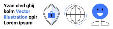 Kilitli kalkan, oklu küre, gülen yüz karakteri. Güvenlik, veri alışverişi, iletişim, kullanıcı arayüzü, küresel bağlantı, teknoloji konseptleri düz iniş sayfası pankartı