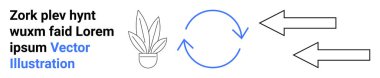 Minimalist saksı bitkisi, döngüyü sembolize eden dairesel oklar ve yön için cesur çift oklar. İş için ideal, sürdürülebilirlik, süreç akışı, büyüme stratejisi, çevre dostu temalar