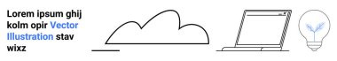 Bulut şekli, minimal dizüstü bilgisayar çizimi, parlayan ampul teknolojiyi, fikirleri, yenilikleri ve dijital kavramları temsil ediyor. Teknoloji, yenilik, yaratıcı düşünce bulut hesaplaması için ideal.