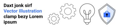 Ampul yeniliği simgeler. İşlem için vitesler, güvenlik için kalkanlar. Teknoloji, siber güvenlik, mühendislik, yaratıcılık, problem çözme, dijital çözümler için ideal düz iniş sayfası