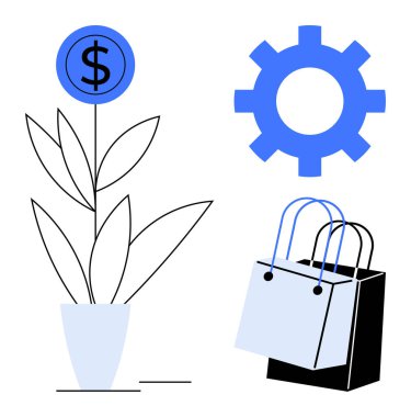 Dolar işareti çiçekli bitki, mavi çark, alışveriş torbaları. Mali büyüme, iş çözümleri, e-ticaret, operasyonel verimlilik, yatırım stratejileri, zenginlik yönetimi için ideal