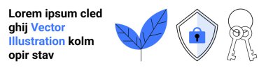 Mavi yaprak, kilidi olan kalkan ve ekolojik güvenliği, korumayı ve temalara erişimi temsil eden anahtarlar. Teknoloji, çevre, sürdürülebilirlik, şifreleme şifre güvenliği için ideal