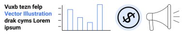 Eğilimleri gösteren çubuk grafik, finansı sembolize eden dolar para ve iletişim için megafon. Analiz, pazarlama, strateji, reklamcılık, fintech, ekonomi için ideal basit iniş sayfası