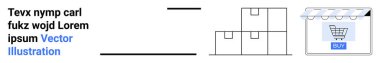 Üst üste dizilmiş paketlerin yanında bir alışveriş arabası ikonu olan dijital mağaza önü. E-ticaret, lojistik, perakende, dağıtım, çevrimiçi iş, dağıtım hizmeti, düz iniş sayfası afişi için ideal