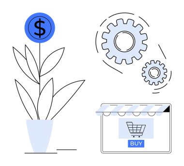 Bitkinin gelişimi büyümeyi simgeler, vitesler operasyonel işlevselliği temsil eder, alışveriş arabaları ekomünikasyonu vurgular. İş planlaması için ideal, dijital pazarlama, büyüme stratejisi, mali
