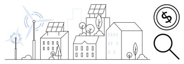 Rüzgar türbinleri, güneş panelleri, yeşil alanlar, büyüteç ve dolar işaretinin yer aldığı şehir silueti. Sürdürülebilirlik, temiz enerji, eko-yaşam, yenilenebilir kaynakların finansmanı için ideal çevre