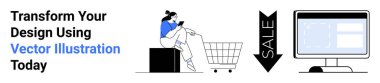 Bir alışveriş arabasının yanında akıllı bir telefonla oturan kadın, büyük bir satış oku ve monitörde dijital tasarım. E-ticaret, online alışveriş, dijital pazarlama, indirimler, grafik tasarımı, perakende satış için ideal