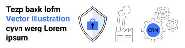 Güvenlik için kilitli kalkan sembolü, CRM etiketli işlem otomasyonu, endüstriyel kavramlar için fabrika yapısı. Teknoloji, veri, iş stratejisi, güvenlik ve imalat için ideal