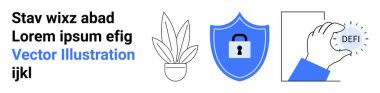Kilitli kalkan güvenliği temsil eder. Merkezi olmayan finans için el ele tutuşan DEFI madeni para, büyüme fikri için saksı bitkisi ve manşet metni. Fintech, crypto, büyüme, güvenlik ve teknoloji için ideal.