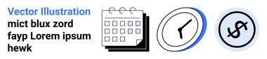 Zamanlama için takvim, zaman takibi için saat, finans için para birimi işareti. Üretkenlik, planlama, iş, zaman yönetimi, mali analiz için ideal, teslim tarihleri basit iniş sayfası