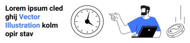 İş adamı duvar saatini işaret ediyor, zaman yönetimini simgeliyor. Çoklu görev, hedef belirleme, karar verme, kaynak tahsisi, üretkenlik ve planlama için para, metin ve dizüstü bilgisayar içerir