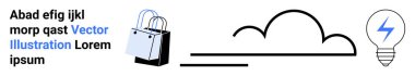 Alışveriş torbası, bulut ve yıldırım lambası teknoloji, yenilik ve e-ticareti sembolize eder. Perakende satış, bulut hesaplama, sürdürülebilirlik, çevre dostu fikirler, yaratıcılık dijital
