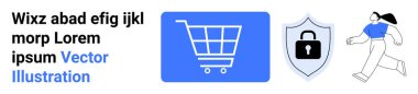 Mavili alışveriş arabası, kilitli güvenlik kalkanı ve çalışan kişi e-ticaret, siber güvenlik ve aktif yaşam tasvir ediyor. Perakende, güvenlik, fitness, uygulamalar için ideal basit bir iniş sayfası