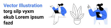 Dizüstü bilgisayar ve tabletlerle uğraşan karakterler ve yanında saksı bitkisi. Üretkenlik, takım çalışması, teknoloji, yaratıcılık, eğitim ve minimalizm için ideal. Düz iniş sayfası için mükemmel