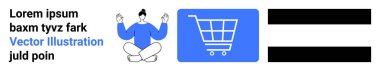 Meditasyondaki kişi, alışveriş arabasının yanında minimalist kompozisyonda grafik ve yer tutucu metnin yanında poz verir. Farkındalık, e-ticaret, meditasyon, denge, basitlik, metin tasarımı, basit