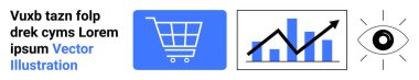 Alışveriş arabası, yükselen bar grafiği, ve analitiği sembolize eden bir göz, pazar anlayışı ve görüş mesafesi. E-ticaret, pazarlama, veri analizi, trendler büyüme stratejisi için idealdir