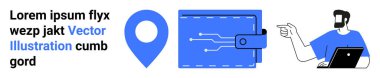 Dijital cüzdanın yanındaki GPS pimi, dizüstü bilgisayar kullanan ve işaret eden bir adam. Finans, teknoloji, güvenlik, navigasyon, dijital ödeme, çevrimiçi işlemler, düz iniş sayfası afişi için ideal