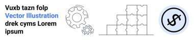 Hareket halindeki dişliler, bulmaca bloğu oluşturma ve dolar simgesi takım çalışması, problem çözme, yenilik, iş büyümesi, ekonomi, finans ve basit bir iniş sayfasını göstermek için bir araya geliyor