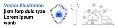 Kilitli, ingiliz anahtarı ve akıllı ev çizgisi olan kalkanlar güvenlik ve bakımı ön plana çıkarıyor. Güvenlik, teknoloji, ev onarımı, koruma, akıllı sistemler, bağlantı düzlüğü iniş sayfası pankartı için ideal