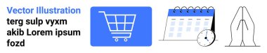 Online alışverişler için alışveriş arabası, zaman çizelgesi için saat ve umudu simgeleyen dua eden eller. E-ticaret, planlama, din, farkındalık, zaman ve minnettarlık için ideal bir yer.