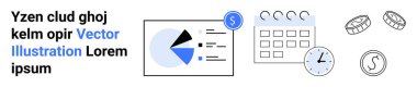Verili pasta tablosu, hatırlatıcılı takvim, zaman yönetimini gösteren saat, tasarrufu simgeleyen sikkeler. Finans, analitik, planlama, yönetim, tasarruf işleri için ideal basit iniş sayfası