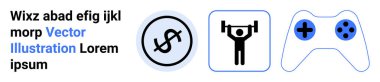 Dolar parası, ağırlık kaldıran kişi ve oyun kontrol simgeleri. Finans, oyun, fitness, uygulamalar, UIUX, bilgi grafikleri sunumları için ideal basit iniş sayfası