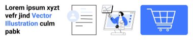 Bir belgenin yanında kullanıcı profili avatarı, monitörde analitik çizelgeler sunan bir kişi ve bir alışveriş arabası simgesi. E-ticaret, veri analizi, çevrimiçi alışveriş, iş, pazarlama, İnternet için ideal