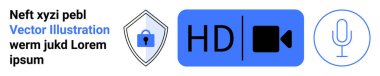 Kilitli güvenlik kalkanı, HD video simgesi ve gizlilik, medya kalitesi ve iletişimi temsil eden mikrofon. Güvenlik, canlı yayın, video konferansları, teknoloji ayarları çevrimiçi güvenlik medyası için ideal