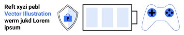 Asma kilitli kalkan, şarj seviyeli batarya ikonu ve mavili oyun kumandası. Teknoloji, siber güvenlik, enerji, oyun, çevrimiçi güvenlik, mobil cihazlar düz iniş sayfası pankartı için ideal