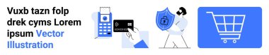 POS makinesine el ödemesi yapmak, güvenliği temsil eden kalkan ve bir alışveriş arabası ikonu. Çevrimiçi alışveriş, fintech, siber güvenlik, perakende, e-ticaret, ödeme sistemleri için ideal