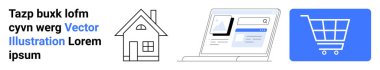 Ev çizimi, açık tarayıcılı web arayüzü ve alışveriş arabası dijital bağlantıları ön plana çıkarıyor. Ekommerce, dijital pazarlama, çevrimiçi alışveriş, teknoloji, kolaylık, modern yaşam tarzı için ideal