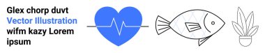 Kalp atışı çizgisi olan mavi kalp, balık hatları, ve sağlık, doğa ve yaşamı gösteren saksı bitkisi. Sağlık, refah, sürdürülebilirlik, ekoloji uygunluğu için ideal düz iniş sayfası
