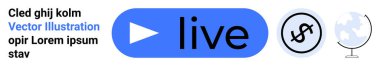 Canlı yayın oynatma düğmesi, mavi, dolar simgesi ve küresel yazı. Yayın platformları, küresel işletme, dijital ödeme, e-ticaret, çevrimiçi hizmetler, medya içeriği basit iniş sayfası için ideal