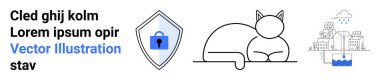 Korunmak için kilitli bir kalkan, minimalist kedi çizimi, çevre dostu su tasarrufu şehri. Güvenlik, evcil hayvanlar, sürdürülebilirlik, ekoloji, teknoloji, güvenli düz iniş sayfası afişi için ideal