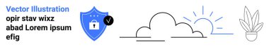 Kilit ve işaretli kalkan ikonu, güneş ışınlı stilize bulut ve minimalist saksı bitkisi. Güvenlik için ideal, bulut teknolojisi, çevre dostu, veri güvenliği, doğa, temiz teknoloji düz iniş
