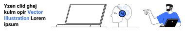 Laptop, yapay zeka kulaklıklı insan kafası ve dizüstü bilgisayar kullanan bir adam. Teknoloji, yapay zeka, eğitim, takım çalışması, uzak çalışma, dijital yenilik düz iniş sayfası afişi için ideal