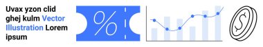 Yüzdelik sembollü bilet, veri noktalı çizgi grafiği ve dolar işareti simgesi. Finans, satış, yatırım, ekonomi, pazarlama analitiği ve tasarruflar için ideal. Soyut çizgi düz metafor