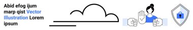 Güvenliği simgeleyen bir bulut simgesi, dur işareti yapan bir kadın ve bilgilendirici bir metin. Veri koruması, siber güvenlik, bulut depolama, teknoloji, uyarı temaları, eğitim dairesi için ideal