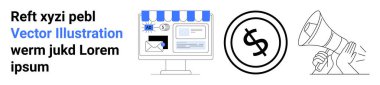 Online mağaza arayüzü, para birimi parası ve terfi için megafonla bilgisayar kurulumu. E-ticaret, dijital ödemeler, pazarlama, küçük işletme, reklamcılık, çevrimiçi satış ve markalaşma için ideal