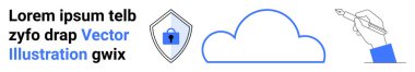 Bulut simgesi, kilitli kalkan ve kalem yazmak veri güvenliğini, çevrimiçi depolamayı ve yaratıcılık araçlarını simgeliyor. Teknoloji, gizlilik, yenilik, bulut depolama güvenlik yazma araçları düz iniş için ideal