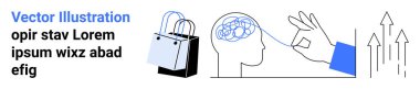Kavramsal çizgileri olan beyin çizgileri, el çekme ipliği, alışveriş torbası ve yukarı bakan oklar. İş büyümesi, psikoloji, tüketici davranışı, yaratıcılık ve düz iniş sayfası için ideal