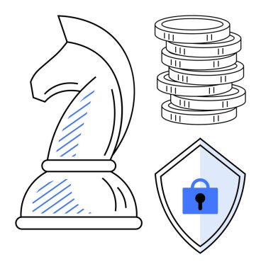 Satranç şövalyesi taşı istiflenmiş sikkelerin ve kalkanların yanında güvenliği temsil eden asma kilit sembollü stratejiyi sembolize ediyor. Finansal planlama, yatırım güvenliği, stratejik düşünme ve veri için ideal