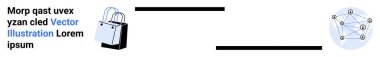 Alışveriş torbası dijital ağ grafik bağlantı düğümlerinin yanında. E-ticaret, perakende, teknoloji, online alışveriş, pazarlama, yenilik ve dijital platformlar için ideal. Düz iniş sayfası pankartı