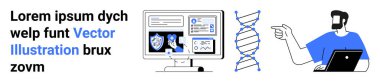 Genetik bilgi analizini, DNA yapısını ve laptop verilerini gösteren bir araştırmacıyı gösteren dijital ekran. Bilim, araştırma, sağlık, teknoloji, eğitim, biyoteknoloji dairesi için ideal