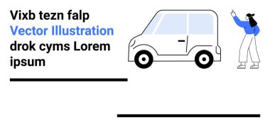 Park halindeki küçük bir arabayla meşgul olan bir kadın, modern metin elemanları, minimum tasarım. Ulaşım, araba kiralama, reklam, eğitim, hareketlilik, seyahat pazarlama için ideal
